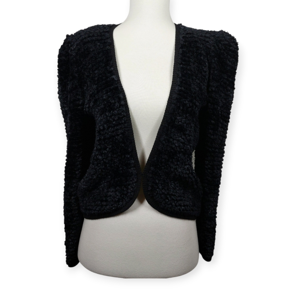 St. John Knits Black Boucle Cardigan Size M 80's Long Sleeves Shoulder Pads